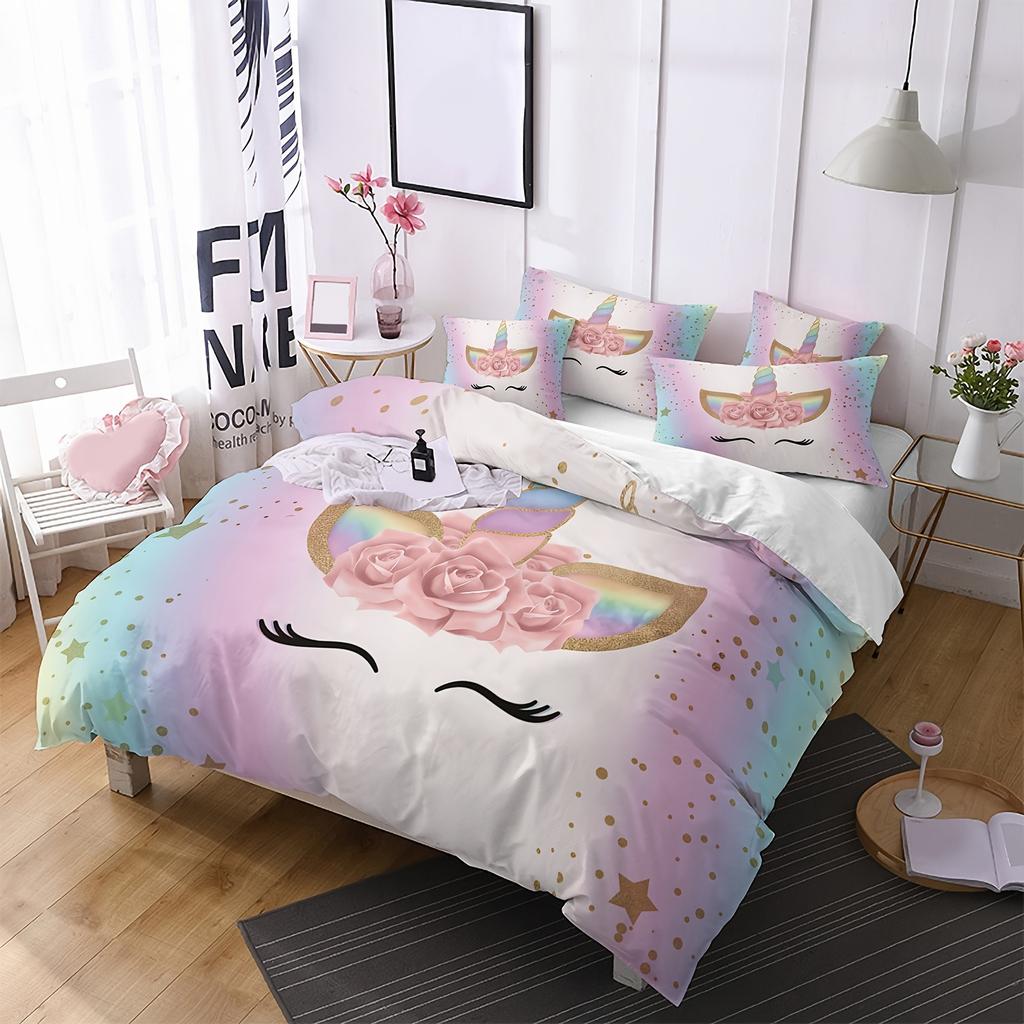 Unicorn Duvet Cover Set Comforter Bedding 3D Children'S Bedding Set 3-Piece 1 Quilt Cover King Size Halloween Christmas