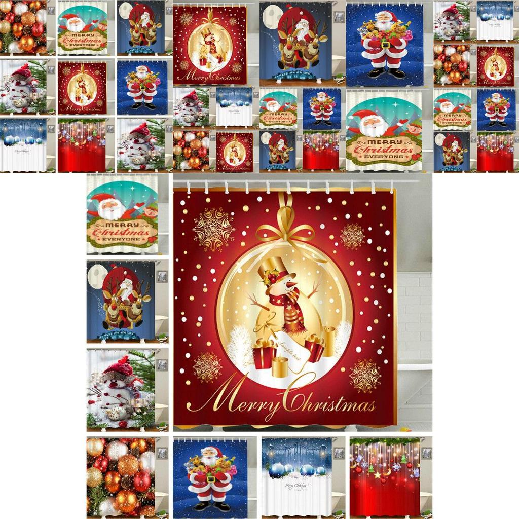 Charming Christmas Shower Curtain With Hooks Showcasing Santa Claus And Snowman For Your Bathroom
