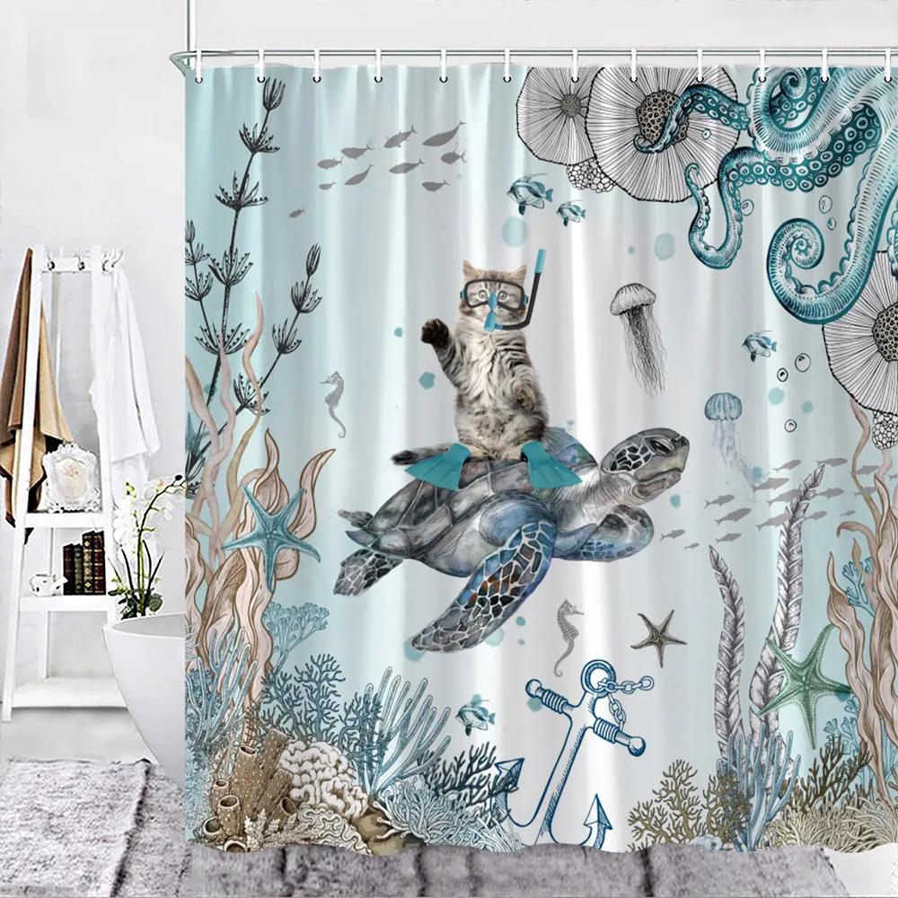 Sea Turtle Theme Shower Curtain Set Wooden Board Coral Water Plants Bubble Sea Life Bathroom Curtain Fabric Decor Washable Hooks