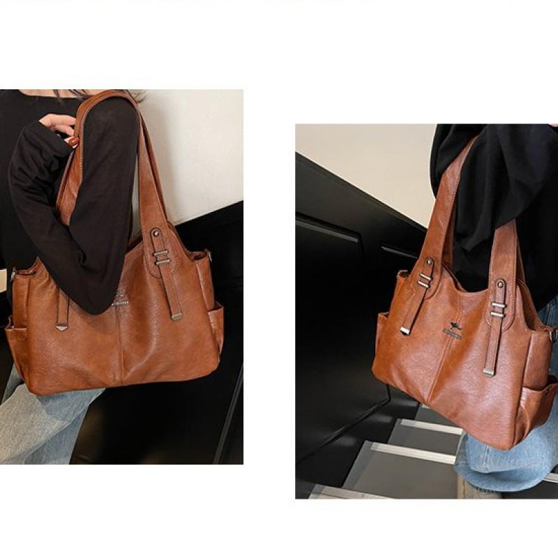 Women Retro Soft Leather Tote Bag Large Capacity Shoulder Handbag Vintage Multi-Pocket Work Shopping Crossdbody Bags