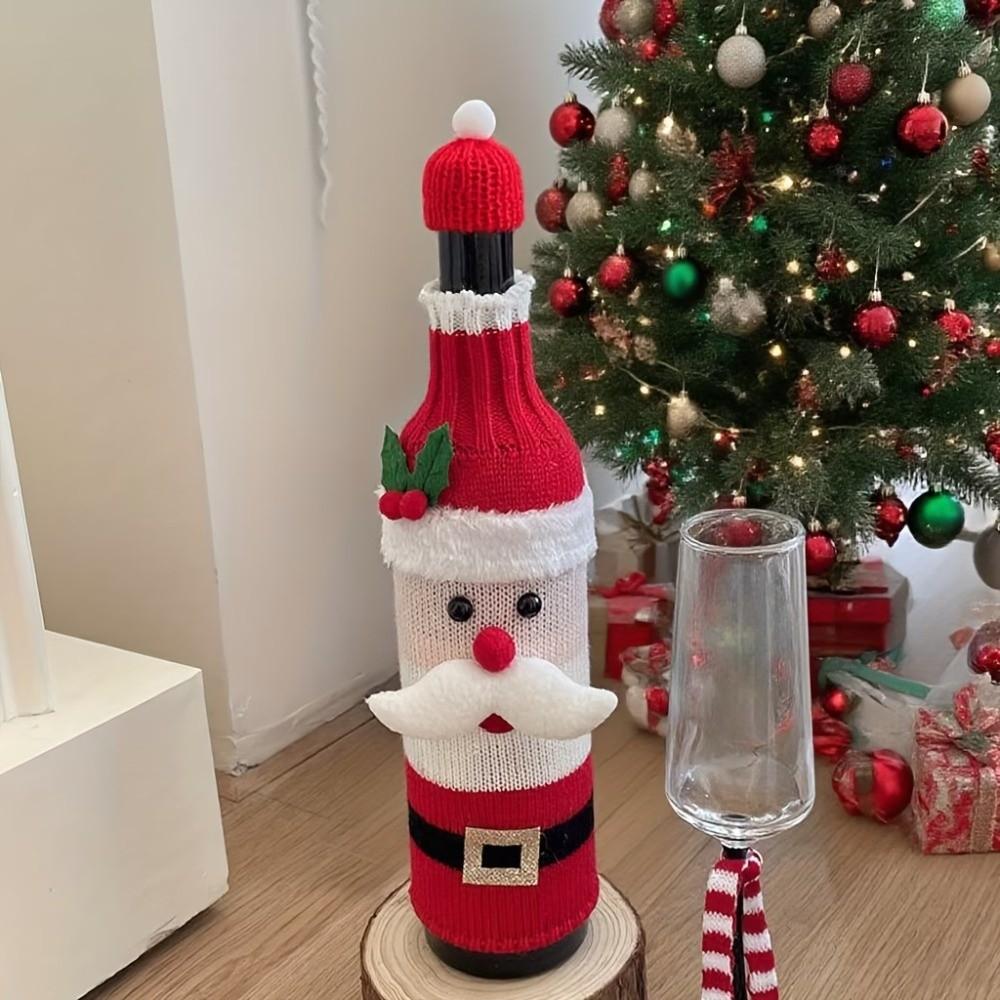 Elk Wine Bottle Cover with Mini Santa Hat Beer Bottle Cover Christmas Knitted Bottle Cover Gift