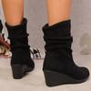 Lucyever Faux Suede Wedge Boots for Women 2024 Retro Pleated High Heels Ankle Booties Mujer Plus Size Slip On Autumn Boots Woman