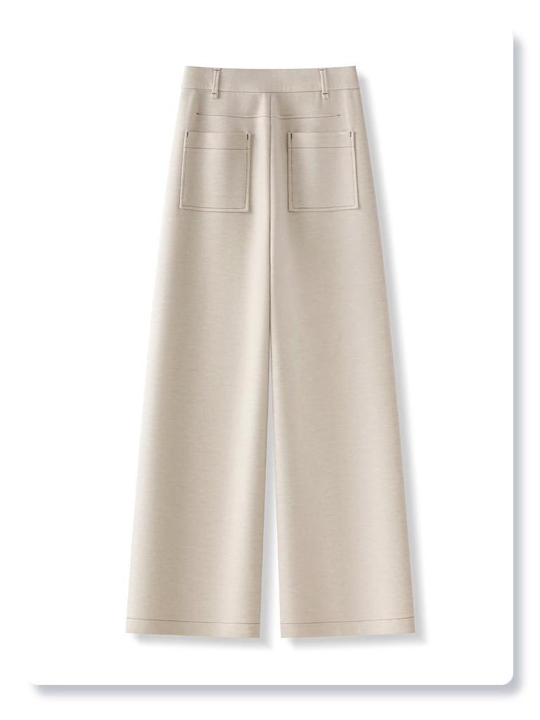 Women's 2024 Beige Cashmere Wide-Leg Pants - Autumn/Winter Style, Drapey Wool Straight-Leg Casuals.