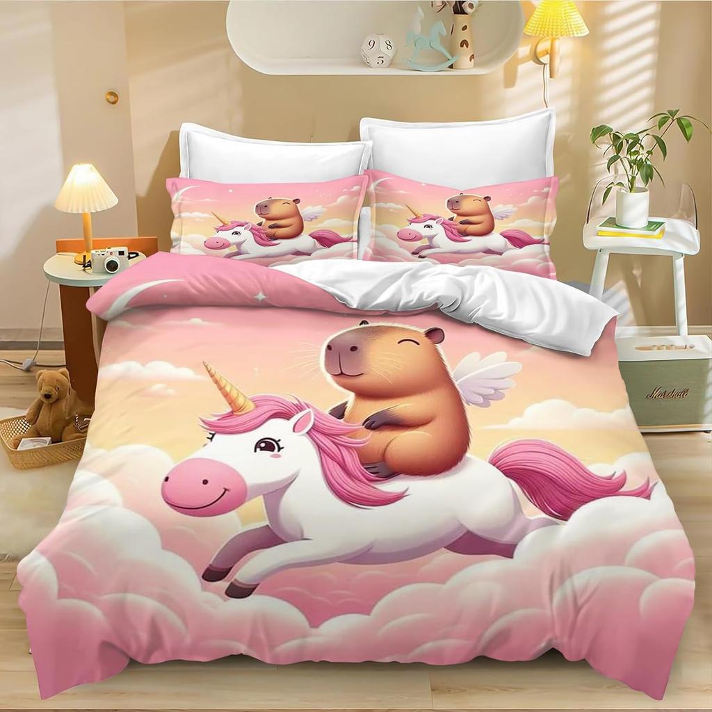 Cute Capybara Duvet Cover Single, Kawaii Animal Funny Wildlife Rodent Green Brown Bedroom Decor Quilt Cover Set for Children