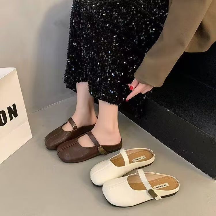 Baotou Slippers Women's Outer Wear 2025 Summer New Flat-bottomed One-pedal Doudou Shoes Literary Soft-soled Lazy Half-tray Shoes