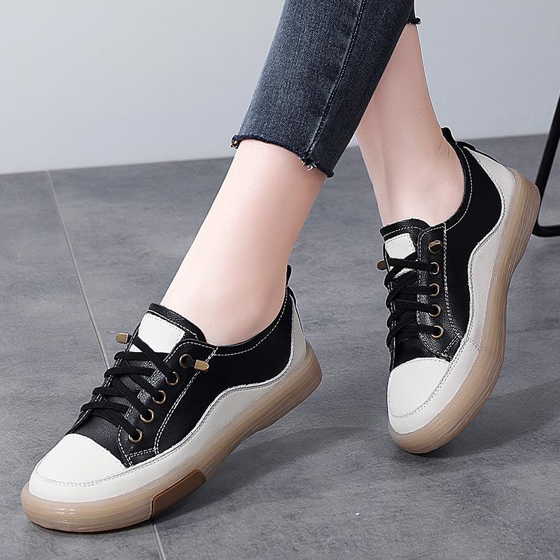Fashion Genuine Leather Women Soft Sole Walking Shoes Girl Student Jooging Sneaker White Black Flats Female Casual Skate Trainers Summer