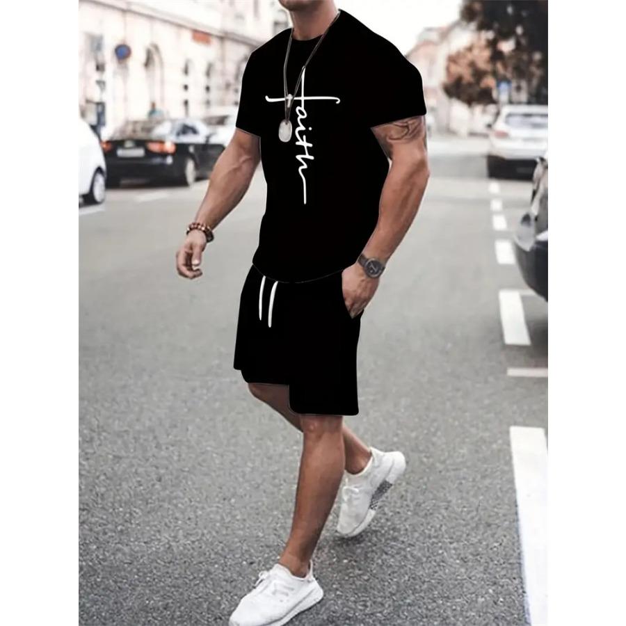 Mens T Shirt Shorts Set Fashion Mens Cross Printed Short Sleeve Two Pieces Oversized Outdoor Beach Sports Men's Plus Size Suit