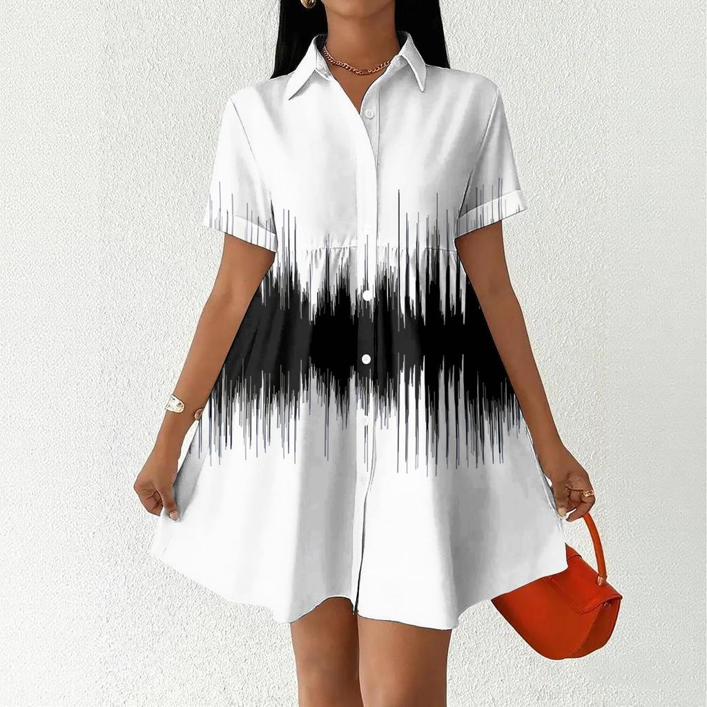 Women’s Casual Loose Fit Button Down Shirt Dress with Stand Collar and Floral Print Short Sleeve Design for Daily Wear