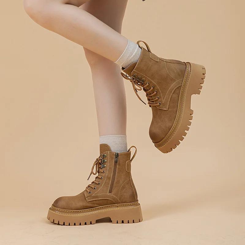 Fashion Genuine Leather Women's Boots Motorcycle Boots for Women Stitching Short Boots Retro Women Botas Femininas De Couro Legitmos