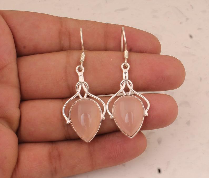 Solid 925 Sterling Silver Rose Quartz Gemstone Handmade Designer Dangle Earring Women Jewelry