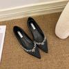 Pointed Toe 5cm Height-Increasing Nude Rhinestone and Black Patent Leather Flats