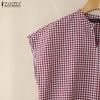 ZANZEA Bluză de vară pentru femei cu gât în V, fără mâneci, casual, retro, cu imprimeu carouri