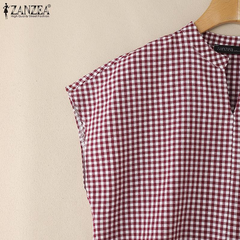 ZANZEA Bluză de vară pentru femei cu gât în V, fără mâneci, casual, retro, cu imprimeu carouri