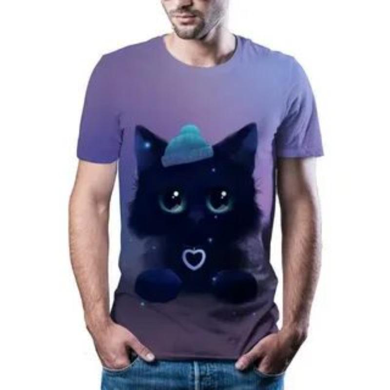 

Summer Loose Interesting Cat Animal Pattern 3D Printing Comfortable Casual Loose Creative Short Sleeved T-shirt 6XL фіолетовий