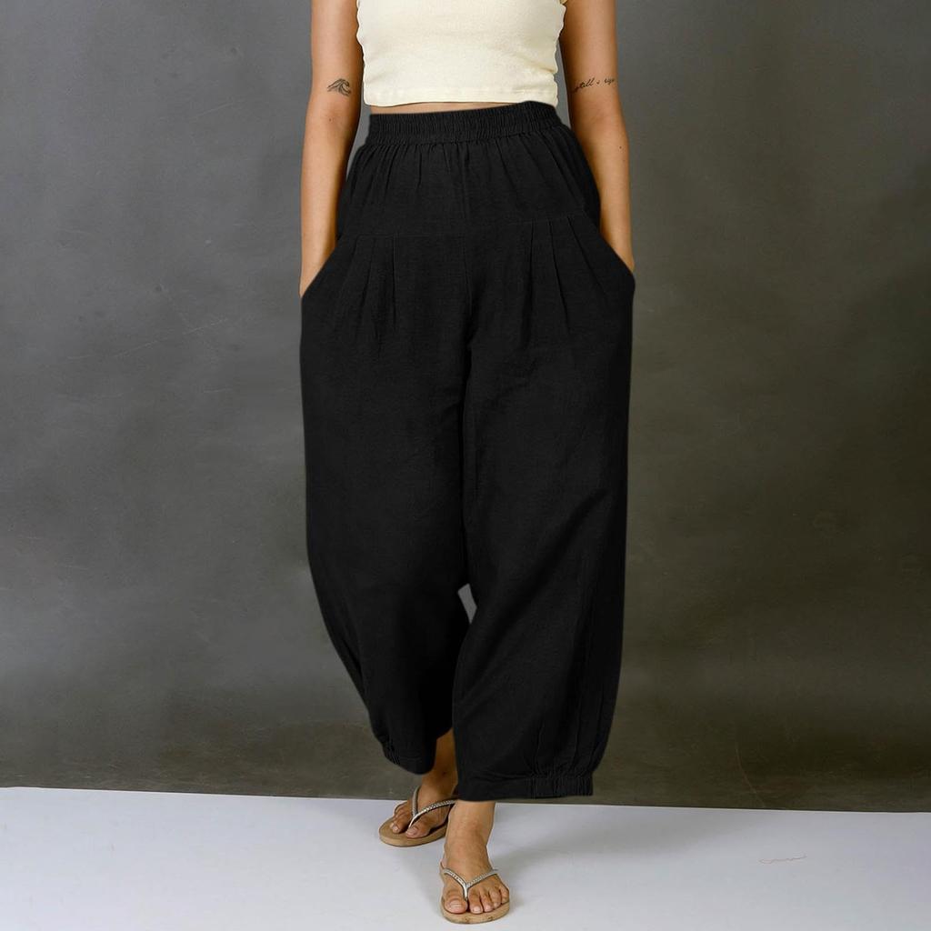 Women's Fashionable Casual -Color Cotton-Linen Trousers With Elastic Waistband And Pockets
