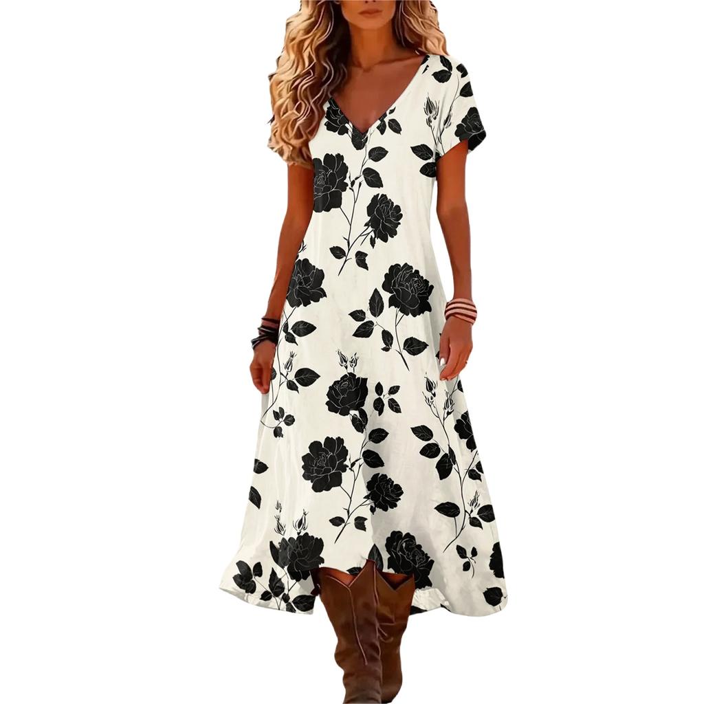 Fashionable Women's Summer V-neck Short Sleeved Retro Floral Print Beach Dress