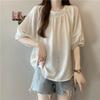 Loose Fit Solid Color Puff Sleeve Blouse Women's Casual Round Neck Pleated Chiffon Shirt Summer Lightweight Breathable Top