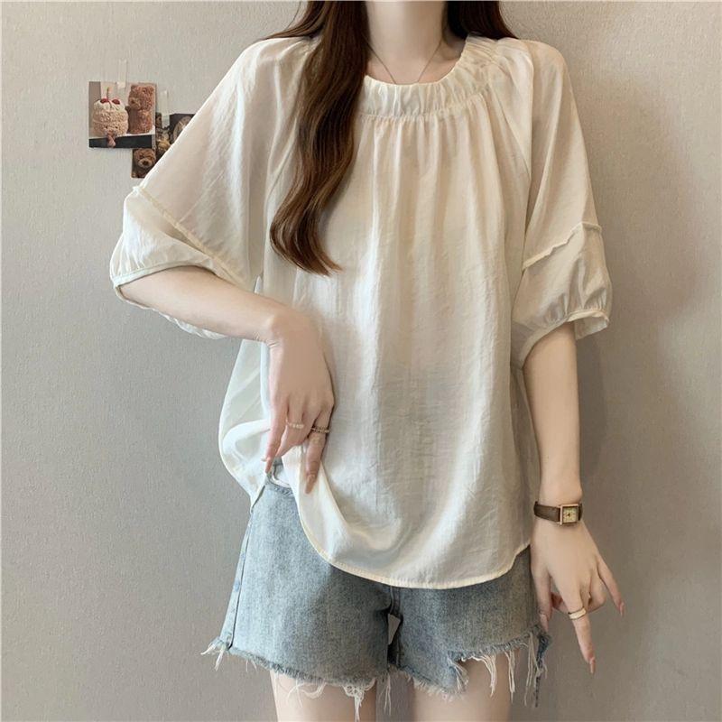 Loose Fit Solid Color Puff Sleeve Blouse Women's Casual Round Neck Pleated Chiffon Shirt Summer Lightweight Breathable Top
