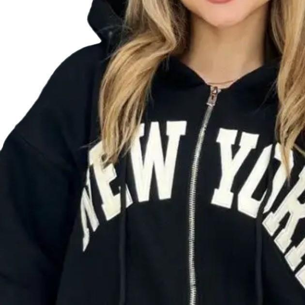 2024 Autumn and Winter New Cross-border European and American Women's Clothing Ins Letter Printing Loose Sweater Zipper Jacket Hoodie Women