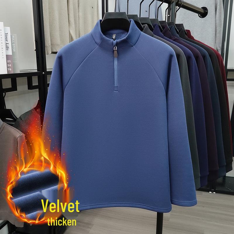 

Men s Autumn/Winter Half-Zip Stand Collar Velvet Hoodie: Simple, Versatile Patchwork Design with Drop Shoulder and Long Sleeves. L (120-135 lbs) синій