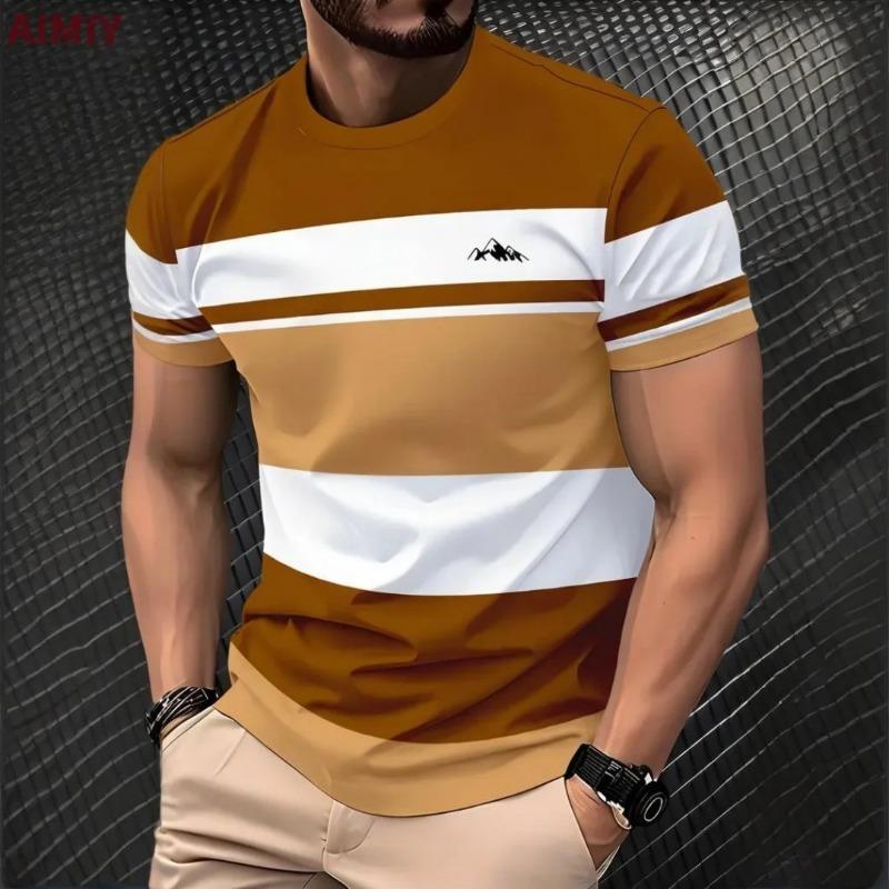 T Shirt Man Classic Men's Clothing Outdoor Round Neck Short Sleeve Top Stripe Print Street Loose T-Shirt