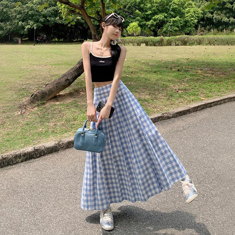 Falda Larga de Cuadros Azules y Blancos Estilo Vintage Falda de Línea A Falda Paraguas Falda Ceñida de Cintura Alta Versátil Estilo Actualizado Primavera y Verano