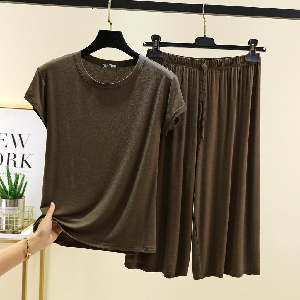 Women's Plus Size Modal Short Sleeve Casual Set - Korean Style Wide Leg Pants Two-Piece Homewear