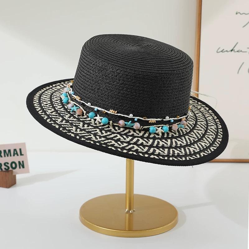 

Летняя шляпа от солнца для женщин 2025 года, новая соломенная шляпа с плоским верхом, пляжный отдых, солнцезащитный козырек от солнца, шляпа Tide 56-58CM чёрный
