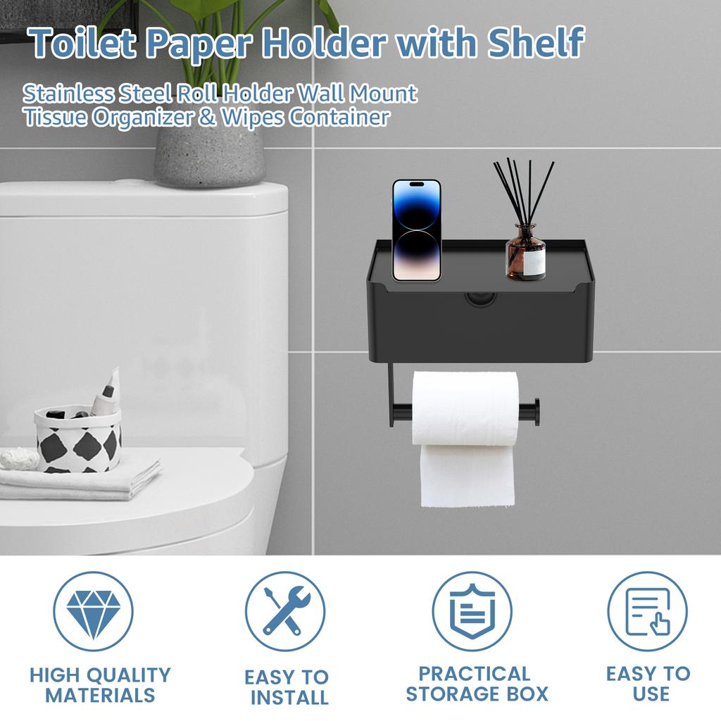 Stainless Steel Toilet Paper Holder Self-Adhesive Wall-Mount Bathroom Tissue Rack with Storage Box for Home Bathroom Accessories