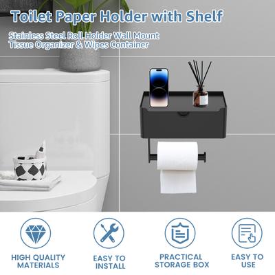 Stainless Steel Toilet Paper Holder Self-Adhesive Wall-Mount Bathroom Tissue Rack with Storage Box for Home Bathroom Accessories