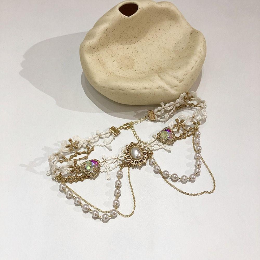 Vintage Rhinestone Tassel Necklace Shiny Lolita Choker Necklace Adjustable Lace Pearl Choker  Party