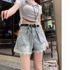 Damen Jeans-Shorts in Übergröße mit hoher Taille, A-Linie - Amerikanisches Design, Sommerstil, Für Mollige geeignet, Lockerer Schnitt, Schlankmachend, Gerades Weites Bein