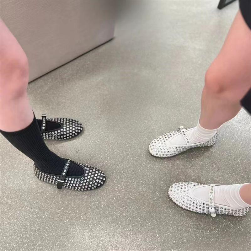 Retro Full Diamond Mary Jane Single Shoes Women's New Shallow Mouth One-word Buckle Ballet Shoes Round Head Flat Shoes