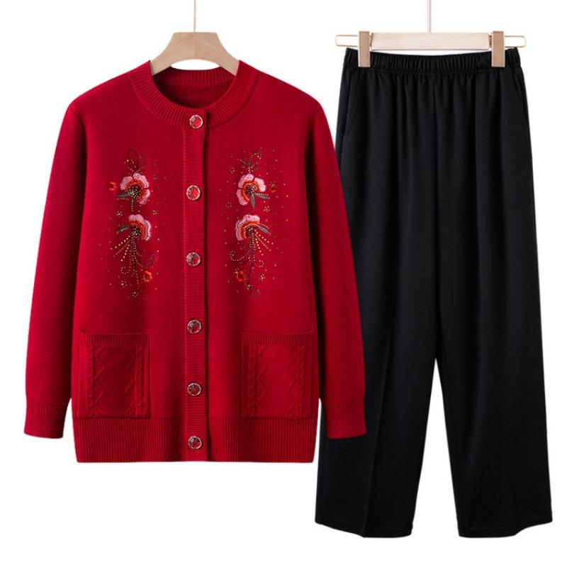 Grandma Sweater Women's Plush Thickened Knitted Sweater for the Elderly Autumn and Winter Embroidered Cardigan Mother Jacket for the Elderly