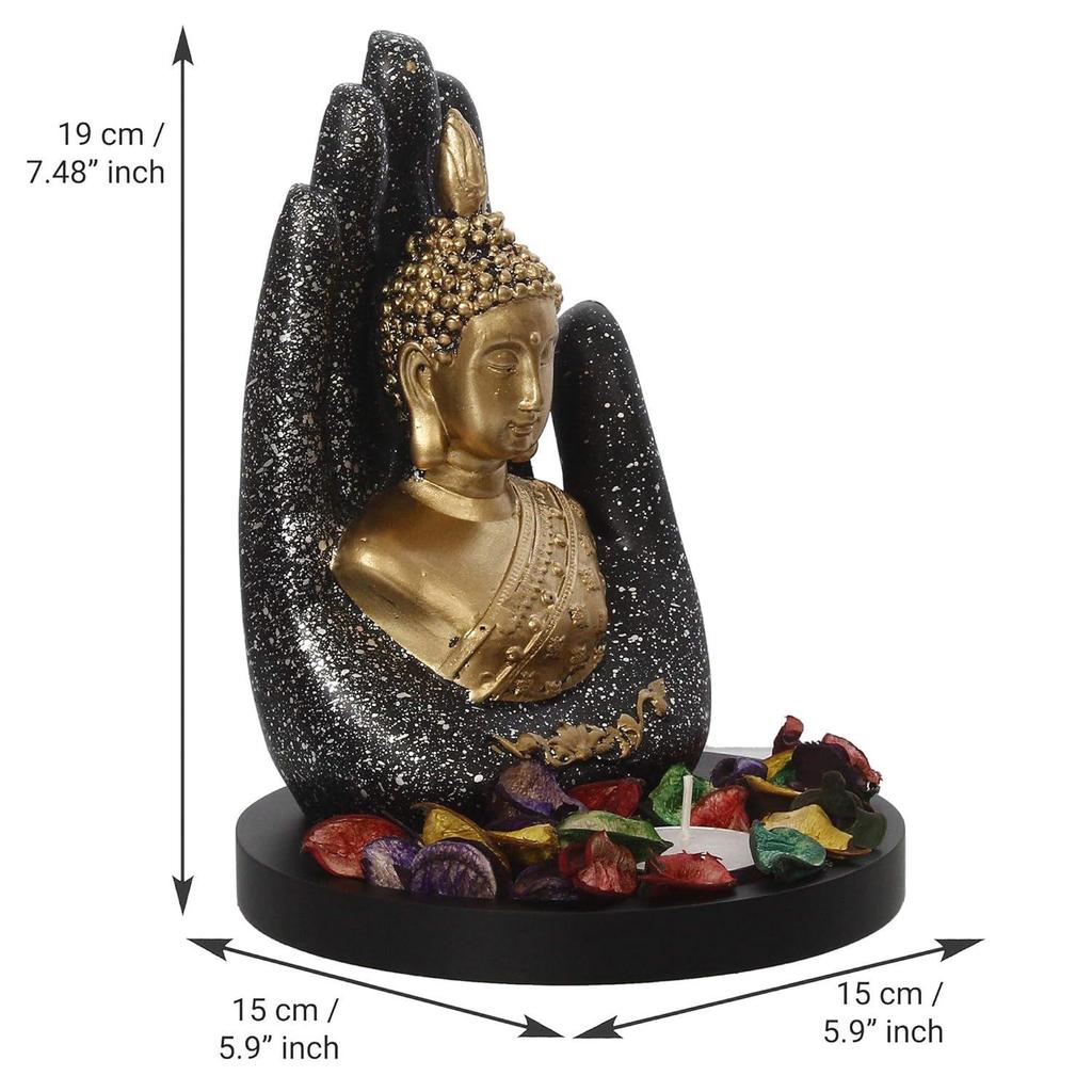 Black Golden Resin Palm Buddha Statue Tea Light Candle Holder | Buddha Showpiece for Home Decor Living Room Office |