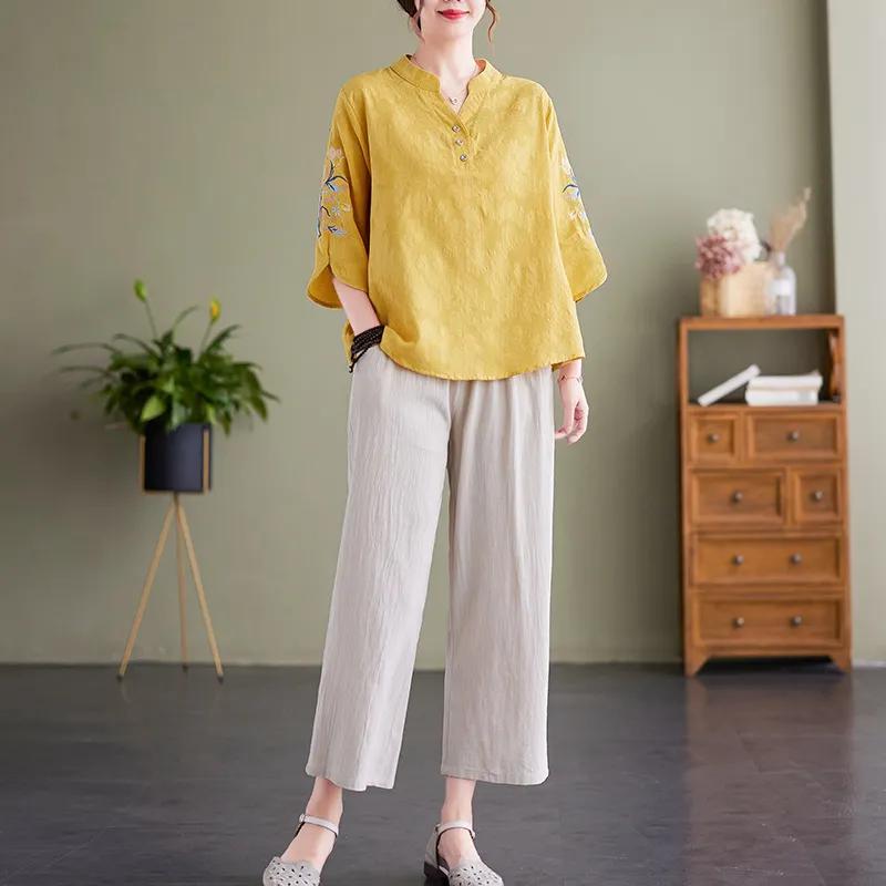 Chinese Style Women's Summer Blouse, Women's Embroidered Small Shirt, Chinese Style Linen Mother's New Shirt