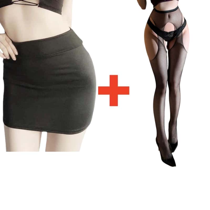 2PCS/SET Women High Waist Pencil Mini Skirts+Stockings Dress Set,Sexy Casual Wrap Hips Black Short Skirt and Pantyhose