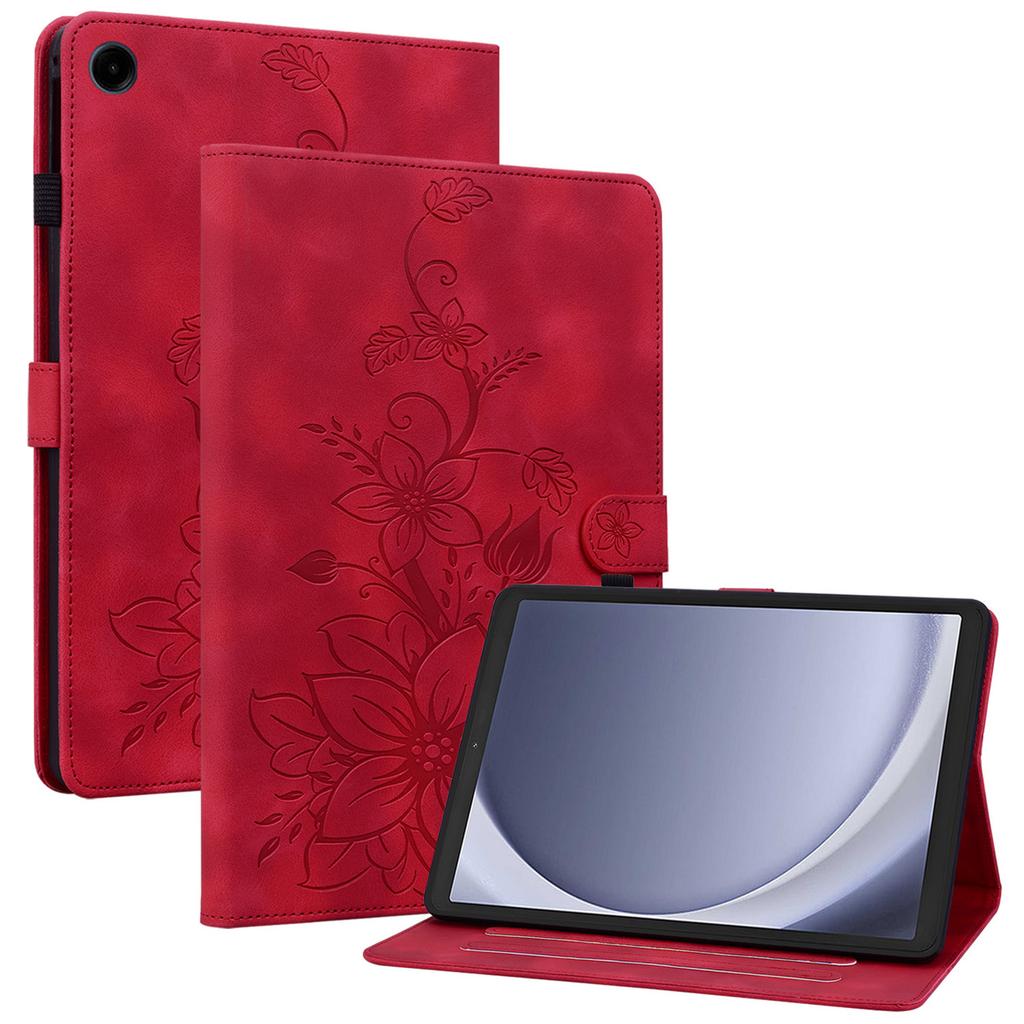 For Samsung Galaxy Tab A9 Protective Case Lily Flower Imprint PU Leather Tablet Case with Card Slots