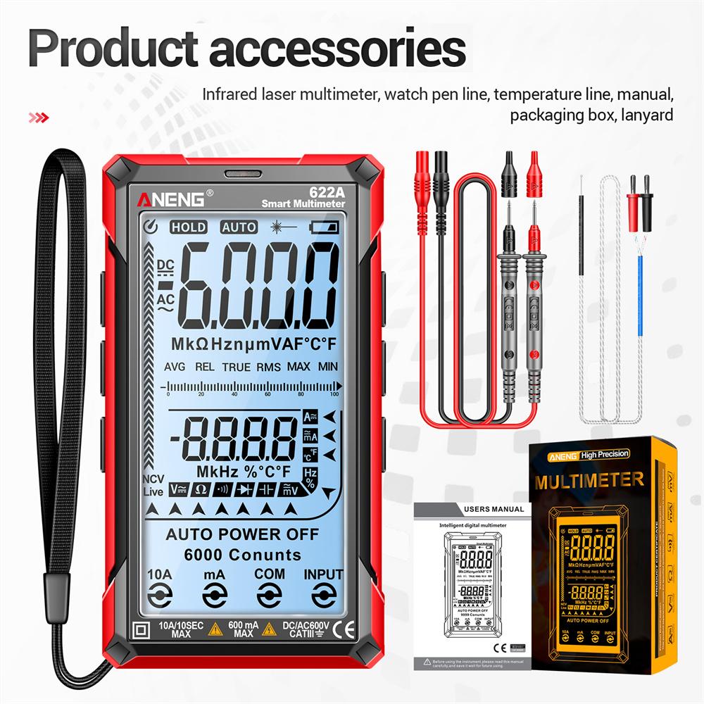 ANENG 622A/622B Digital Multimeter Professional AC/DC Volt Ammeter With Laser Lamp Capacitance Ohm Temp Tester for Electrician