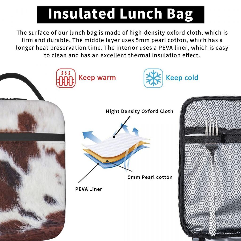 Brown White Cowhide Pattern Insulated Lunch Bag for Kids School Cooler Thermal Food Box Tote Portable Lunch Boxes Container