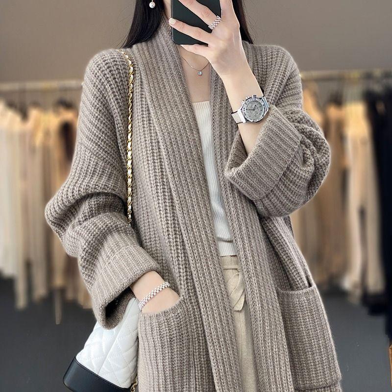 Autumn and Winter Korean Version Medium Long V-neck Sweater Women's Coat Slimming Lazy Style Knitted Cardigan