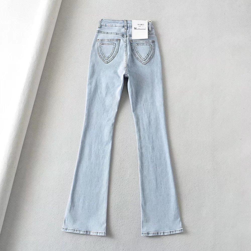 YPFF Trendy European & American Style Women's High Waist Slimming Flare Jeans with Heart Pocket.