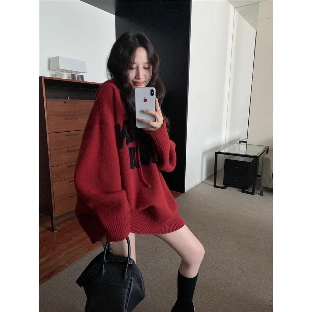 

Women s Autumn/Winter Casual Hooded Sweater with Cross-Border Embroidery - Loose, Versatile, and Stylish Knitted Top One Size красный