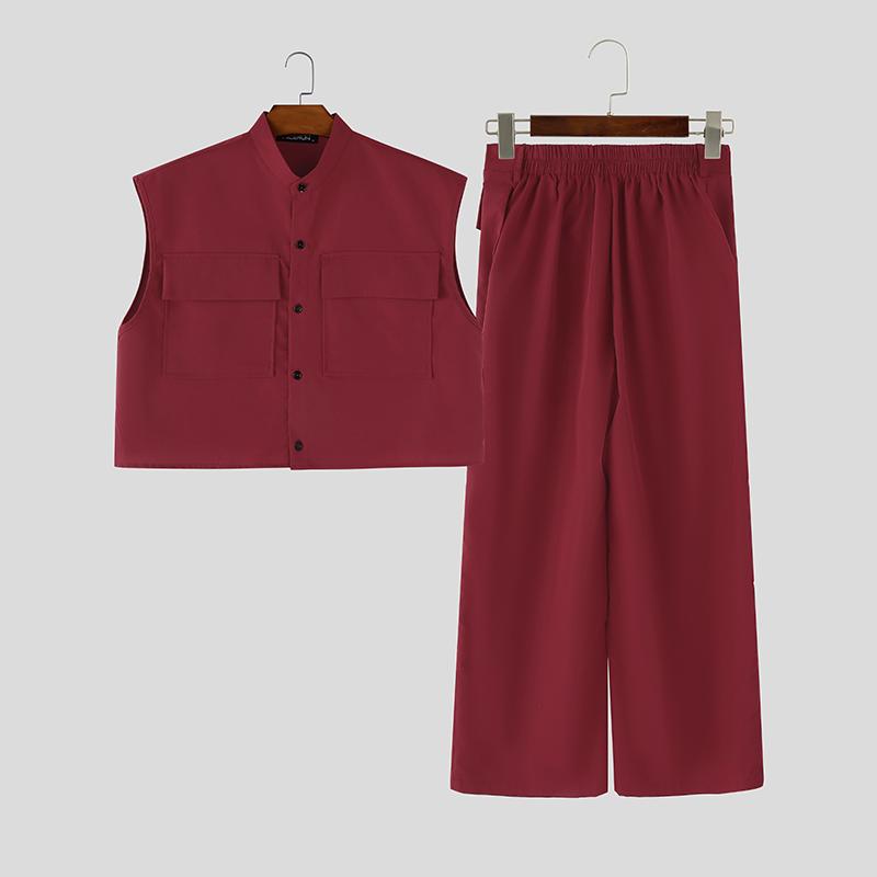 INCERUN Two Pieces Men Outfits Sleeveless Cropped Waistcoat Tops Long Pants Casual Sets