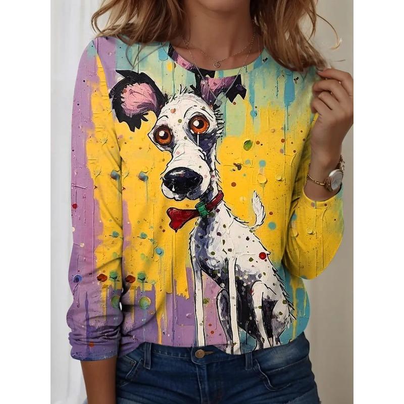 

Spring and Autumn Round Neck 3D Cartoon Dog Printed T-shirts Fashionable Casual Long Sleeved Women s T-shirts 4XL