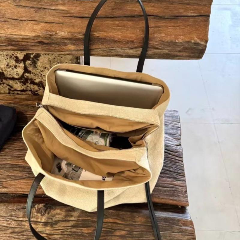 Women's Multi-compartment Zippered Tote Bag Large Capacity Retro Canvas Tote Bag Leisure Simple High-end Commuter Shoulder Bag