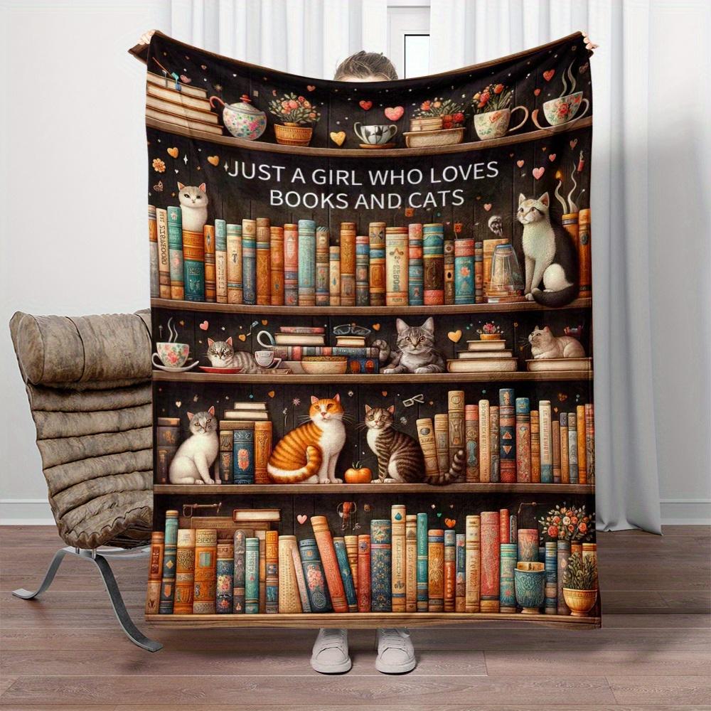 Cozy Books & Cat Flannel Throw Blanket - Soft, Warm, and Lightweight for Sofa, Bed, Travel, Camping, Office - Durable Digital Print Design
