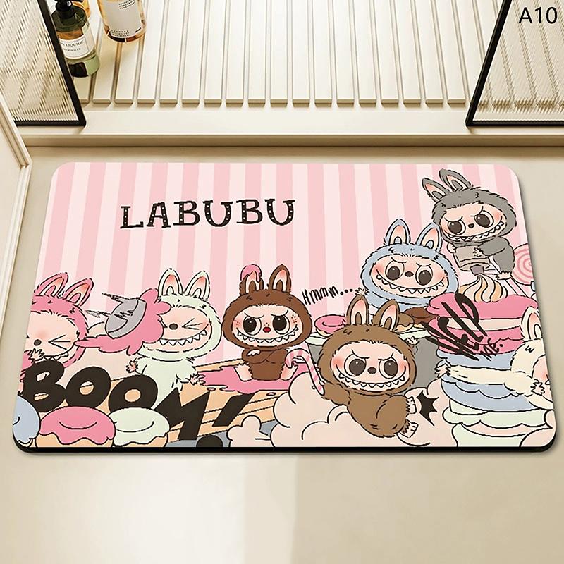 Alfombra de baño con estampado de Labubu de dibujos animados, felpudo antideslizante, alfombrilla de secado de cocina para dormitorio, alfombrilla de drenaje, alfombra de entrada, alfombra de dibujos animados para el hogar