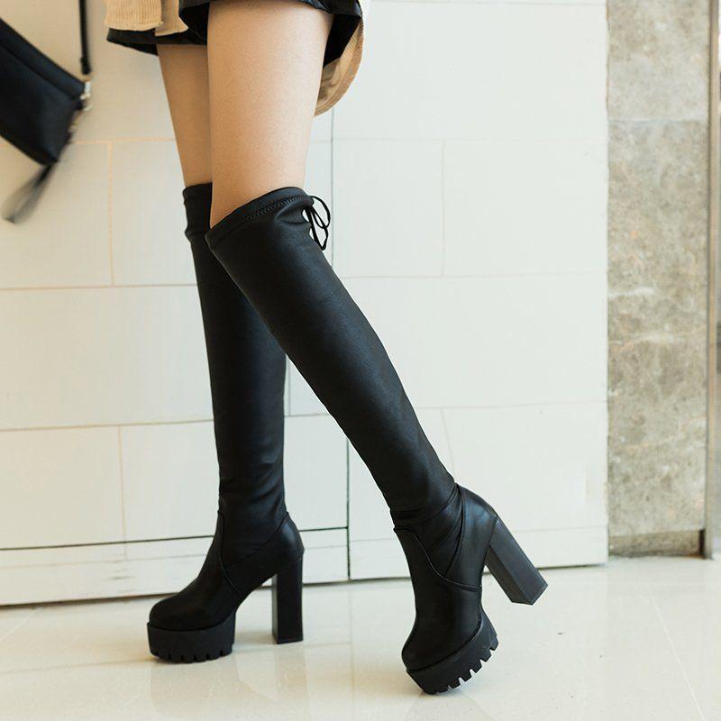 

2025 Autumn/Winter Chunky Heel Lace-up Thigh High Slimming Boots for Women 38