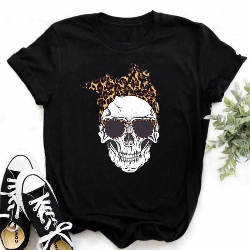 Leopard Love Heart Print Women Fashion T Shirt Black Female Short Sleeve Graphic Tops Women Sleeved Harajuk Streetwear Casual